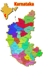 Map of Karnataka State with names of regions. Vector illustration of geographical map of Karnataka State depicted on the map of India. 