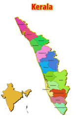 Map of Kerala State with names of regions. Vector illustration of geographical map of Kerala State depicted on the map of India. 