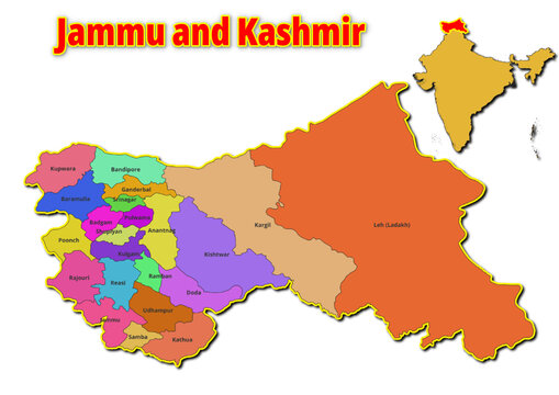 Map of Jammu and Kashmir State with names of regions. Vector illustration of geographical map of Jammu and Kashmir State depicted on the map of India. 