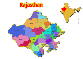 Map of Rajasthan State with names of regions. Vector illustration of geographical map of Rajasthan State depicted on the map of India. 