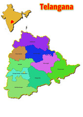 Obraz premium Map of Telangana State with names of regions. Vector illustration of geographical map of Telangana State depicted on the map of India. 