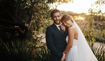 Wedding, love and portrait of couple in garden for marriage, ceremony celebration and commitment....