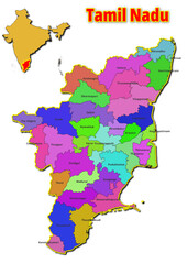 Map of Tamil Nadu State with names of regions. Vector illustration of geographical map of Tamil Nadu State depicted on the map of India. 