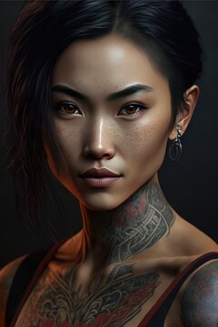 Young asian woman with tattoos dressed on a dark background. Oriental girl looking at camera. Generative AI