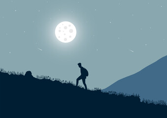 Man walking on the hill at night with a full moon, vector illustration