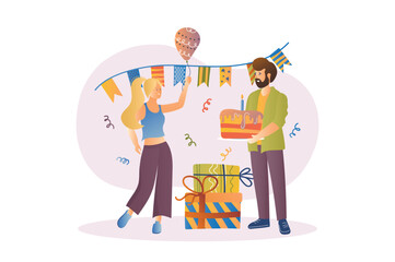 Birthday party concept with people scene in the flat cartoon style. Man came to wish his girlfriend a happy birthday and brought a cake. Vector illustration.