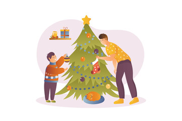 Merry Christmas concept with people scene in the flat cartoon design. Father and son prepare for the holiday and decorate the Christmas tree with toys. Vector illustration.