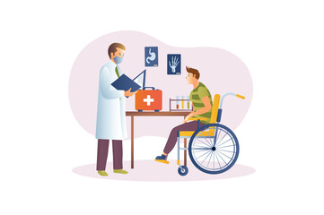 Concept Ambulance with people scene in the flat cartoon style. Doctor examines a patient in a wheelchair in a hospital. Vector illustration.