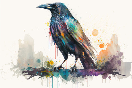 Isolated, Watecolor Crow, Crow Vactor, Colorful Crow Drawing on White Background, Generative Ai