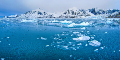 Drift floating Ice and Snowcapped Mountains, Iceberg, Ice Floes, Albert I Land, Arctic,...