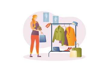 Concept Shopping with people scene in the flat cartoon design. Woman chooses different clothes with a discount in the shop. Vector illustration.