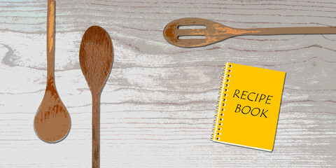 Topview of Set Cooking Wooden Utensils and Recipe Book on Table Background
