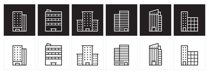 A set of linear building icons. City architecture concept icons. Modern office building pictograms. 