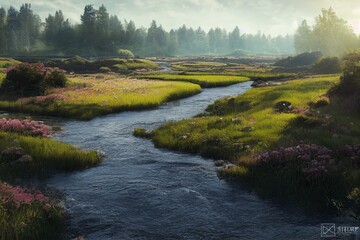Fototapeta na wymiar River in the meadows. Generative AI
