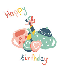 Vector birthday card. Collection of mug, hat, sweets and teapot