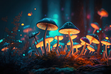 Psychedelic fluorescent mushrooms in the enchanted forest. Generative AI