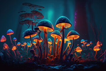 Obraz na płótnie Canvas neon fluorescent mushrooms. Generative AI
