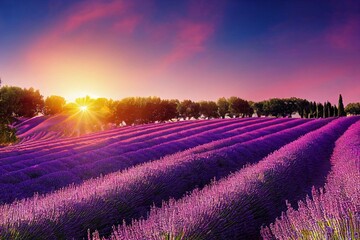 Fototapeta na wymiar Blooming lavender field at sunset in Provence, France. Generative AI