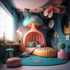 Fototapeta na wymiar Cute surreal children's room. generative ai. Colorful kids room