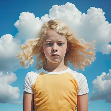 Portrait of a little cute, cheerful girl standing in children's clothes under a clear blue sky. White dense clouds background. Illustration, Generative AI.
