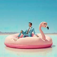 Abstract pastel pink creative concept in desert on hot sand, seashore big inflatable flamingo with young man in elegant suit enjoying on the beach. Illustration, Generative AI. - obrazy, fototapety, plakaty