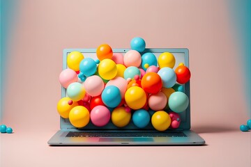 Creative fun concept of colorful helium balloons, surprise package flying, party is in the air. Pastel pink background. Illustration, Generative AI.