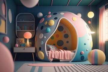 Naklejka na ściany i meble Cute surreal children's room. generative ai. Colorful kids room