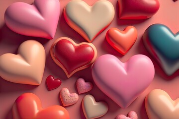 Naklejka na ściany i meble Creative Valentine's Day flat lay background, pattern of love pastel hearts, pink shades. Illustration, Generative AI.