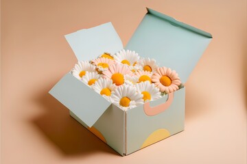 Creative love gift packaging, box full of fresh spring flowers, holiday gifts for women. Pastel blue box for Valentine's Day and March 8th. Illustration. Generative AI.