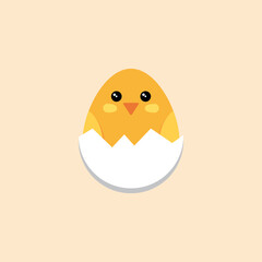 Vector illustration of yellow chicken in egg, chick sits in eggshell, Easter holiday.