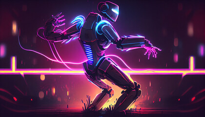 Robot dj dancing in a club, neon colors, synth wave, cyberpunk, 80s vibe