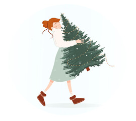 girl carries a big Christmas tree with garlands