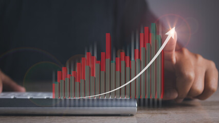 Stock market graph with man using phone financial profit stock development.