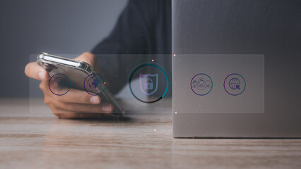 Man secure access protecting personal data by mobile phone. Cyber security.