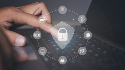 Man secure access protecting personal data by mobile phone. Cyber security.
