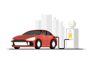 Outdoor electric charging station for personal car 24 hours a day, Digital marketing illustration.