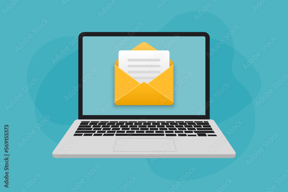 Poster laptop with electronic mail in a flat design. open envelope in laptop screen