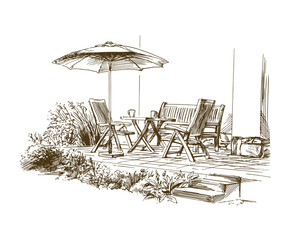 Sunny terrace with seating and parasol, rest in the garden. - 569155321