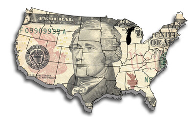 Close up map of the USA with Us dollars bill. Portrait of american president isolated from the US banknotes