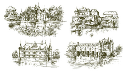 Loire Valley Castles. Hand drawn set.
