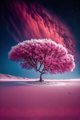 Surreal pink three. Winter and cloudy landscape. Generative AI