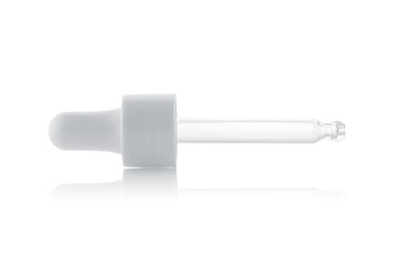 Glass bottle with pipette. Empty glass bottle with dropper, liquid essential and collagen serum isolated on white background. Cosmetic bottle of moisturizing face serum with pipette. 