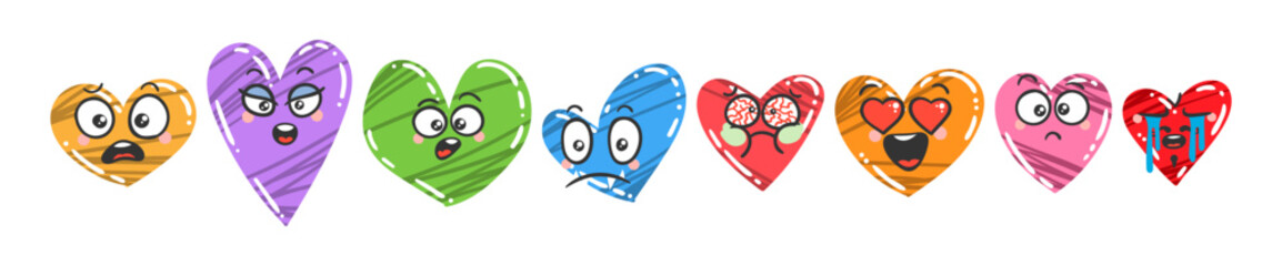 Fototapeta premium Heart Emoticon Set. Doodle faces, eyes and mouth for Valentine's Day and holidays of love. Caricature cartoon expressive emotions, smiling, crying and surprised character face expressions