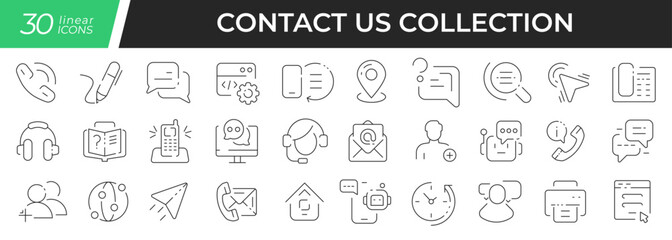 Contact us linear icons set. Collection of 30 icons in black