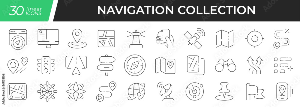 Poster Navigation linear icons set. Collection of 30 icons in black