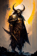 Angelarium Samurai Winged Taurus Warrior with black and gold wet armor. Generative AI