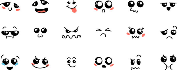 Various Cartoon Emoticons Set. Doodle faces, eyes and mouth. Caricature comic expressive emotions, smiling, crying and surprised character face expressions