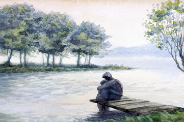 Watercolor landscape. Father and son by the lake