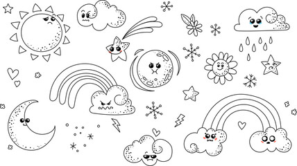 Cute doodle weather set. Kawaii emotional weather forecast. Cute sun, moon and happy clouds