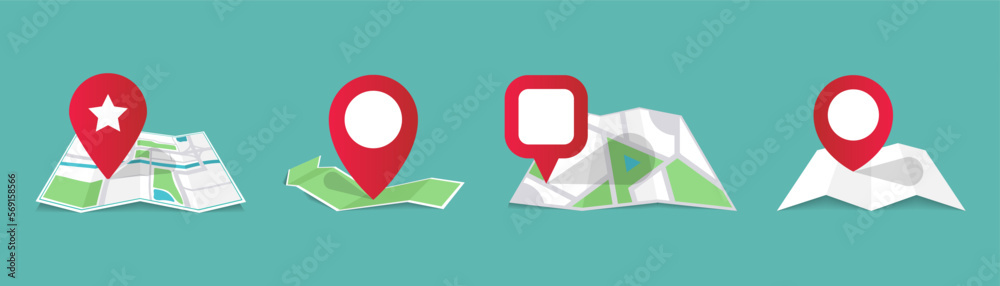 Poster Set of different maps with red map pointers in a flat design